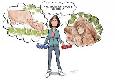 Cartoon of woman holding two packets of biscuits and thought bubbles about cows and orangutans