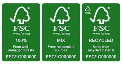 Three different FSC logos - 100%, Mix and Recycled.