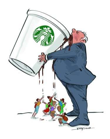 Cartoon drawing of fat man in suit holding oversized Starbucks takeaway cup and pouring contents into his mouth, with some drops falling on miniature people below.