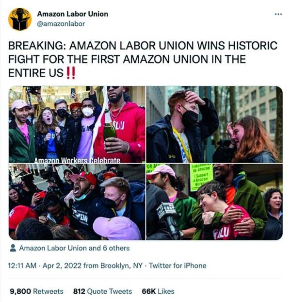 Screenshot of tweet about Amazon Labor Union victory