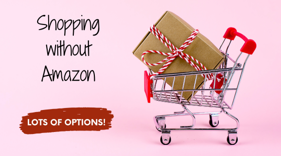 Mini shopping cart with parcel in it. Words shopping without Amazon, lots of options!