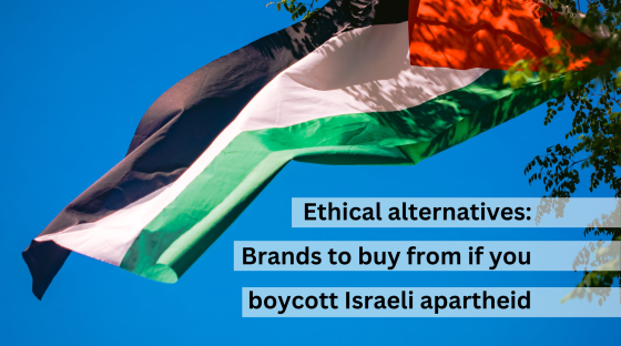 Ethical alternatives: brands to buy from it you boycott Israeli apartheid. Palestine flag blowing in wind against blue sky.
