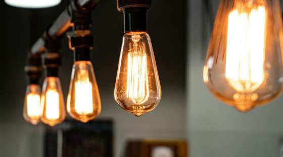 Row of lightbulbs hanging down from a rack