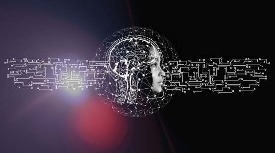 Side profile of human face with skull as cyber digital nodes