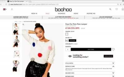 Image: screenshot of Boohoo selling faux fur and real fur