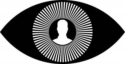 image: human head shoulders inside a black eye video lens surveillance facial recognition