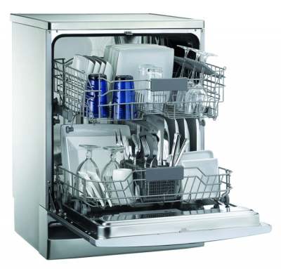 Dishwasher with front door open and dishes inside
