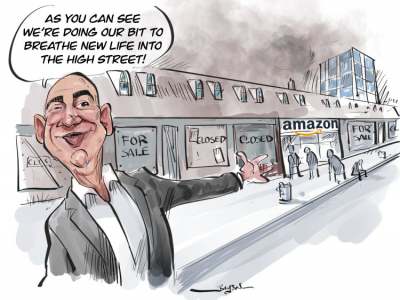 Cartoon showing Jeff Bezoz in front of row of closed shops