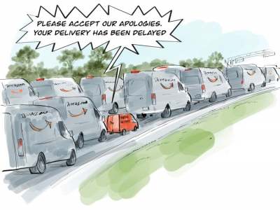 Cartoon of Amazon delivery vans all stuck in traffic
