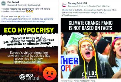 Screenshots of two posts on Facebook about climate denial