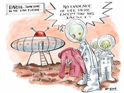 Cartoon of aliens on earth in the far future. One alien says 'no evidence of life here except for this jaket'