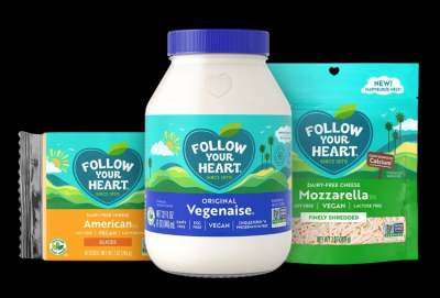 Follow Your Heart vegan cheese, vegan mayonaise jar and grated vegan cheese