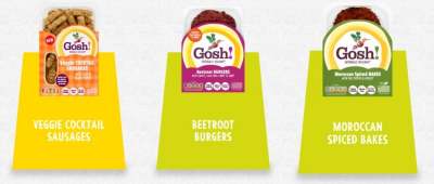 Three packets of Gosh! vegan burgers and bites