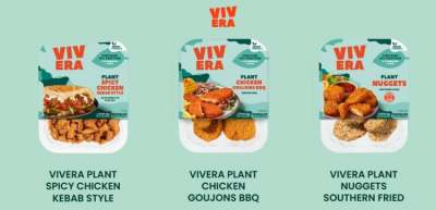 Three packets of Vivera meat-free products - spicy chicken kebab, chicken goujons and nuggets