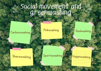 Sticky notes with names of different types of social movement and greenwashing: carbon washing, pinkwashing, redwashing, sharewashing, sportswashing, veganwashing