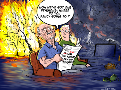 Two people sitting on sofa in room flooded with water and something on fire behind them holding newspaper. The man says 'Now we've got our pensions, where do you fancy going to?' and the newspaper headline is 'End of this world holiday bargains'
