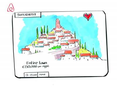 Cartoon of a pretend Airbnb listing for a whole town, available to hire for £150,000 a night