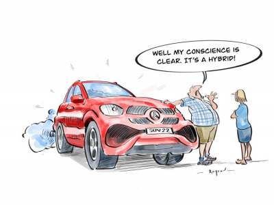 Cartoon of a man standing by a hybrid car saying to a woman 'Well my conscience is clear, it's a hybrid'.