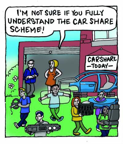 Cartoon of a car share scheme. One person says "I'm not sure if you fully understand the car share scheme!" as other people carry away parts of a car like a wheel tyre 