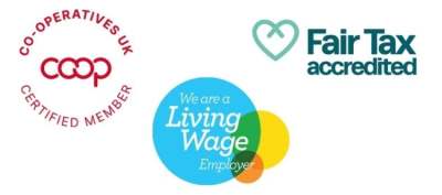 Logos of Cooperative UK, Living Wage Employer, and Fair Tax Accredited