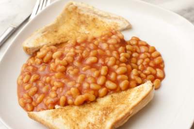Baked beans on a plate with white toast