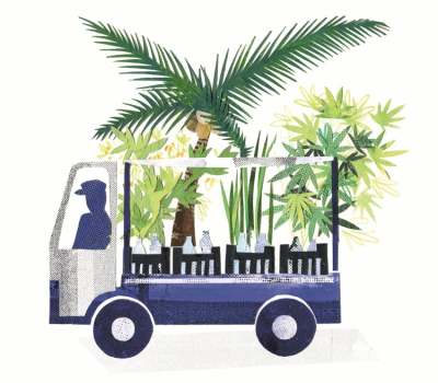 Drawing of a milk van with green plants growing in the back