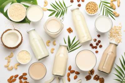 Range of plant milks in bottles and jars