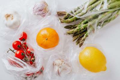 Fruit and vegetables individually wrapped in plastic