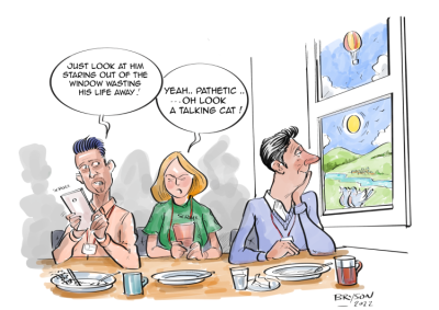Cartoon with three people at a table, one is looking out of the window, two are looking at their phones.