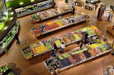 Ariel photo of fresh food section in supermarket