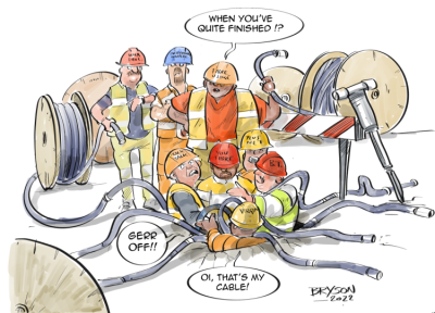 Cartoon of hole in ground and lots of workmen with cables trying to get in or out