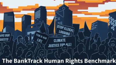 Drawing of city skycrappers and placards prostesting human rights abuses. BankTrack Human Rights Benchmark.
