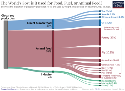 Chart showing that 76% of global soy production is for animal feed