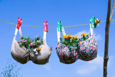 Two bras hanging on a line with flowers in them