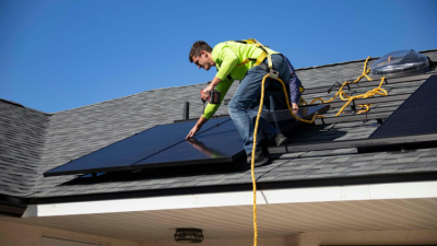 Man working on roof of house installing solar panels