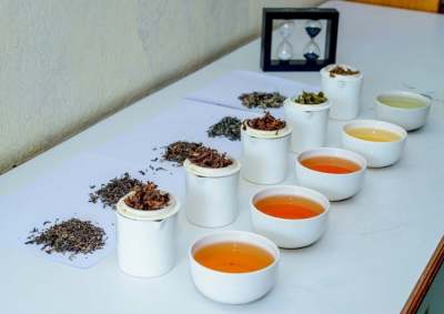 Row of cups of tea, with loose leaf tea behind them. Each cup is a different colour.