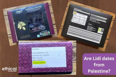 Collage with pictures of a box of Lidl dates from three different sides