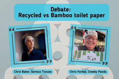 Background image of toilet rolls, with portrait images of two men. 