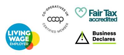 Logos of Fair Tax Mark, Living Wage, Co-ops UK and Business Declares
