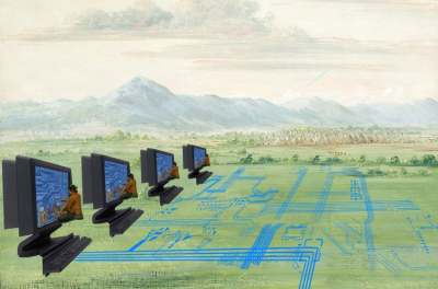 The image shows a surreal landscape with vast green fields extending toward distant mountains under a cloudy sky. Embedded in the fields are digital circuit patterns, resembling an intricate network of blue lines, representing a technological infrastructure. Five large computer monitors with keyboards are placed in a row, each with a Navajo woman sitting in front, weaving the computers. In the far distance, a cluster of teepees is visible.