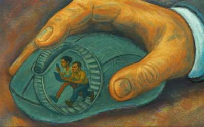 Alt text Two workers running inside a scroll wheel embedded in a computer mouse, controlled by a giant capitalist hand.