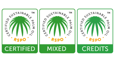 Three logos of sustainable palm oil with green image like a palm tree in middle of each one. Logos called Certified, Mixed or Credits.