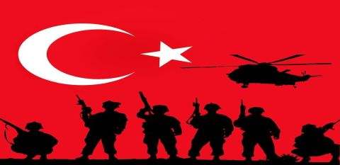 Turkey flag symbol with military figures in silhouette