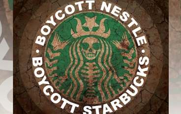 Starbucks logo with skeleton. Text saying boycott starbucks boycott nestle.