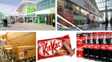 Five images of Asda, Tesco, Amazon.com, Kitkat Nestle, and Coca Cola
