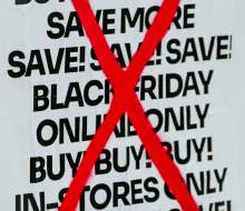 Black Friday sales poster with a big red cross through it