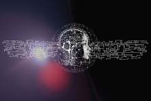 Side profile of human face with skull as cyber digital nodes