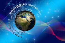 A picture of planet Earth with binary data 0 and 1s around it, on blue abstract background
