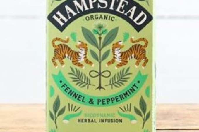 Front of box of Hampstead fennel and peppermint herb tea
