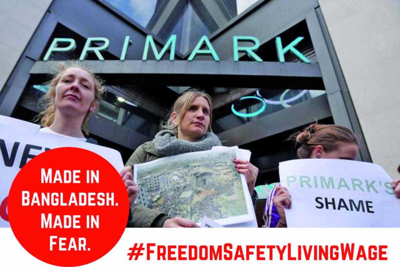 Image: made in bangladesh made in fear text overlaying image of protesters against primark